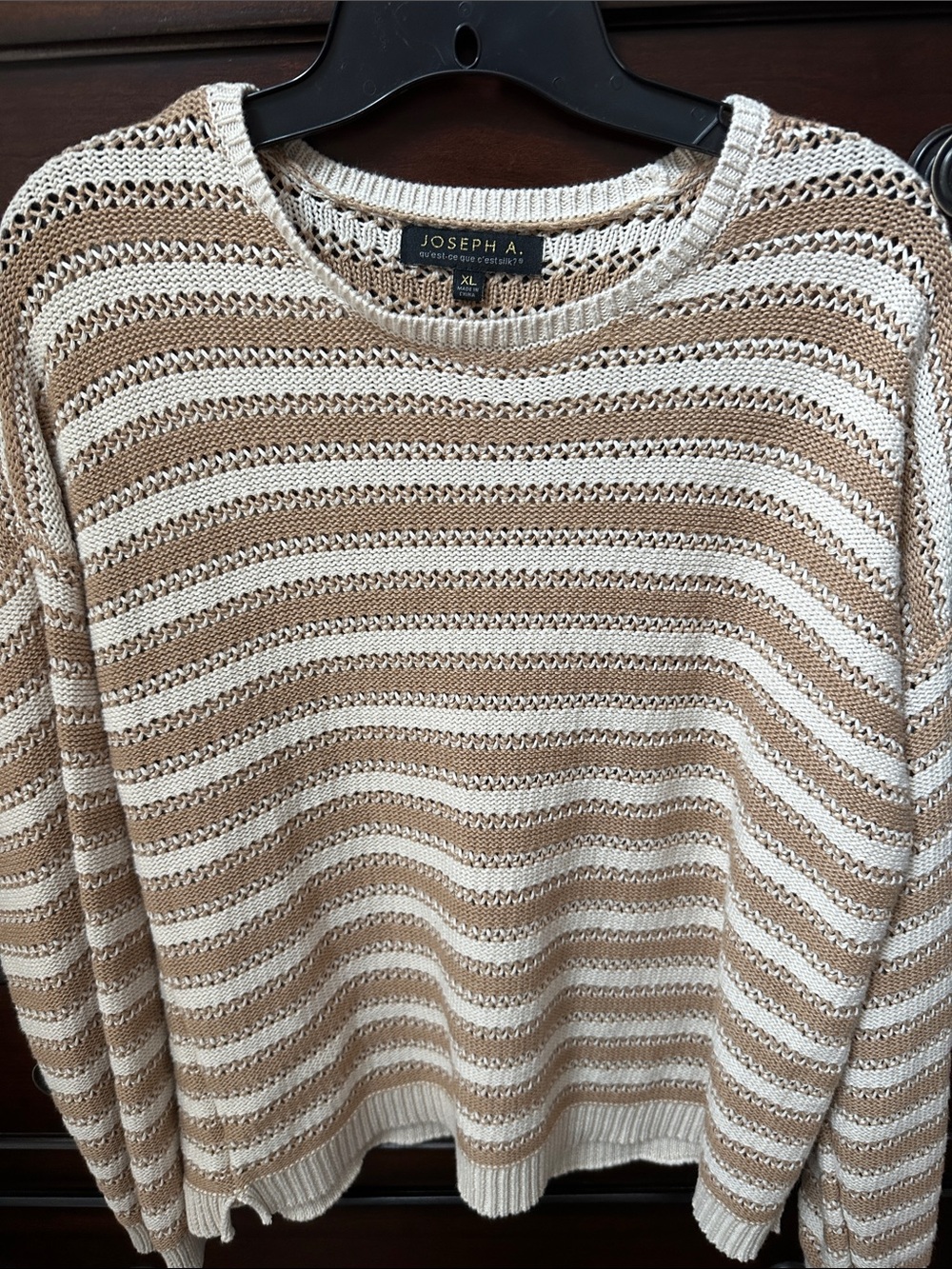Joseph Striped Open-Knit Crewneck Sweater in Cream and Tan